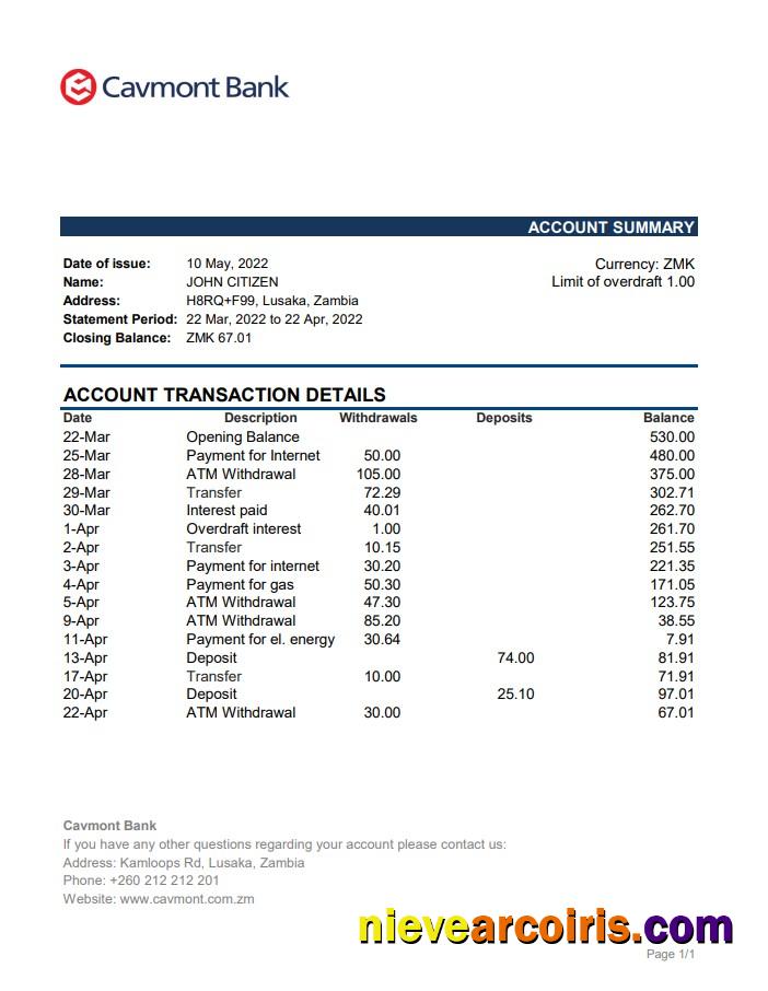Zambia Cavmont Bank statement